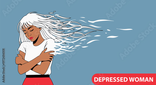 Sad woman, depressed female, mental health, emotional distress, vector illustration