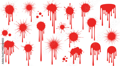Collection of Red Blood Splatter and Drip Silhouettes Featuring Liquid Paint Spatters and Spilled Ink Drops for Horror and Halloween Design