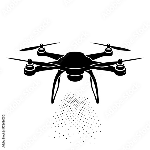black drone spraying particles on transparent background