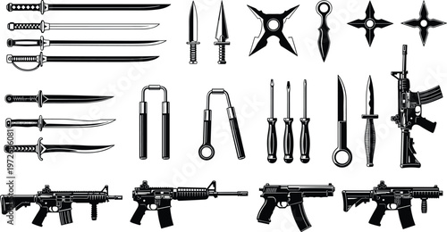 Collection of Tactical Weapons and Martial Arts Equipment Including Swords, Knives, Shuriken, Nunchaku, Handguns, and Assault Rifles for Security Design