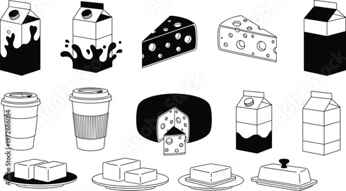 Dairy products collection set including milk carton cheese wedges butter on plate and coffee cups with black fills and outlines