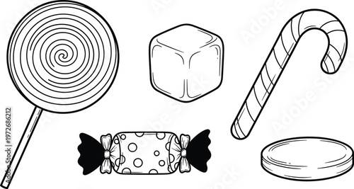 WebHand drawn candy sweets collection set including swirl lollipop candy cane wrapped bonbon sugar cube and chocolate coin for coloring book