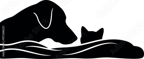 Silhouette of Dog and Cat Lying Together, Pet Friendship Vector Illustration, Black and White Animal Logo