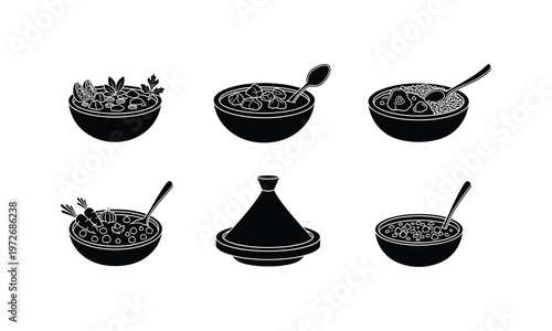 Traditional tagine and bowls of various moroccan dishes illustrated in black and white