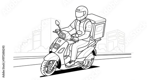 Delivery driver on scooter with insulated box in city.