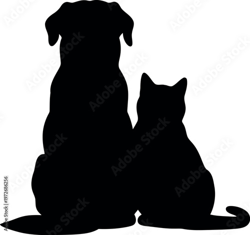 Silhouette of Dog and Cat Sitting Together Isolated on White Background for Pet Care Design