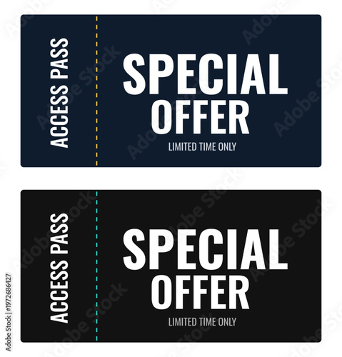 Access pass ticket for special offer with minimalist black and blue design for limited time promotions