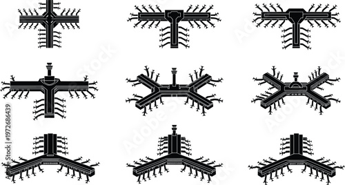 Set of airport terminal silhouettes with airplane gates and control towers isolated on white background for aviation and travel designs