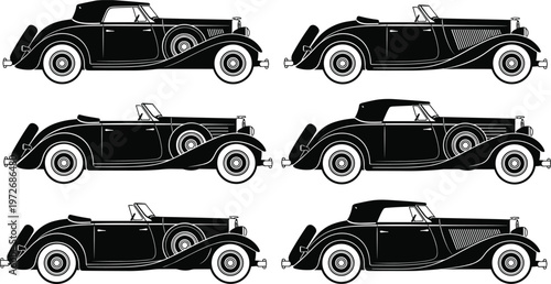 Vintage classic car silhouette set, retro luxury convertible automotive icons, antique vehicle vector illustration, elegant black transportation design for editorial and web use.