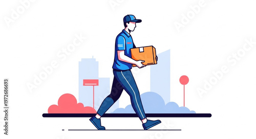 Delivery Man Walking with Package in Hand, Express Courier Service.