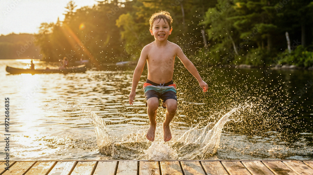 Fototapeta premium Fotografía hiperrealista de niño saltando al agua desde un muelle en un lago, salpicaduras congeladas, luz de verano intensa, expresión de felicidad, enfoque dinámico
