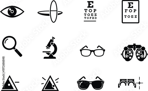 A collection of twelve simple black and white icons related to eye care and optical vision health
