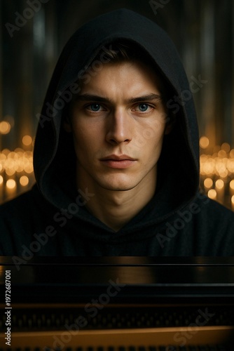 Young man in a dark hood looks serious while sitting at a piano surrounded by blurred candle lights in an indoor setting