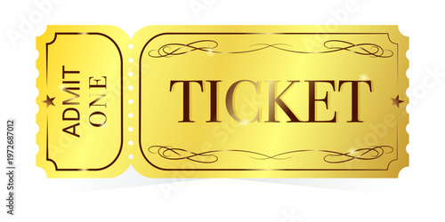 Golden admit one ticket, luxury VIP pass. Realistic gold foil cinema or event invitation.