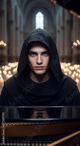 Pianist in dark hooded cloak plays music in candlelit hall during evening gathering with focused expression