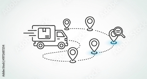 Delivery Truck Route with Location Pins and Magnifying Glass.
