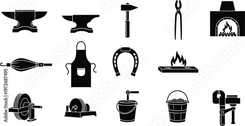 A collection of black icons representing traditional blacksmithing tools and metalworking equipment
