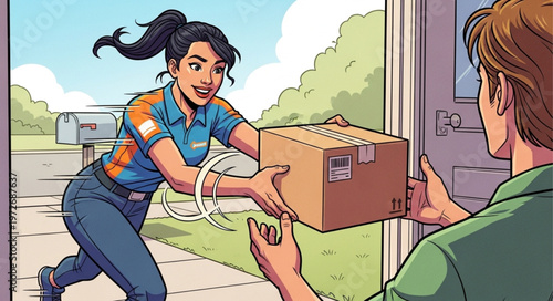 Delivery Woman Handing Package to Customer at Door.