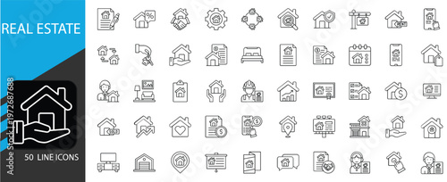 Real estate icons set. Includes symbols of houses, buildings, property, for sale signs, keys, and architecture. Editable stroke. Vector illustration. Outline icons.