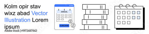 Financial planning, time management, bookkeeping, accounting tools, payment records, scheduling organization. Set of icons including a calendar, invoice and book stacks. Finance management and time