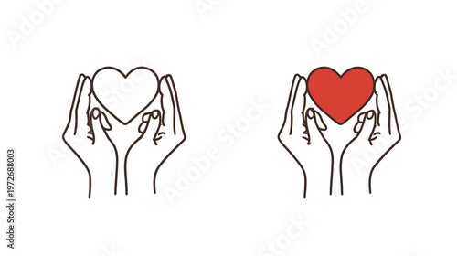 Vector illustration of hands holding a heart, one outline and one filled, representing giving, receiving, and care.