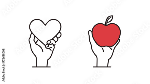 Vector illustration of hands holding a white heart and a red apple, symbolizing love, care, health, well-being, and nutritious food choices.
