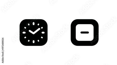 Modern Flat Design Clock and Minus Sign Vector Icons for UI/UX. Time Management, Decrease, and Control Symbols for Web and App.