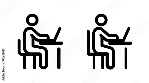 Ergonomic workspace comparison: stick figures demonstrating correct and incorrect sitting posture at a desk with a laptop.