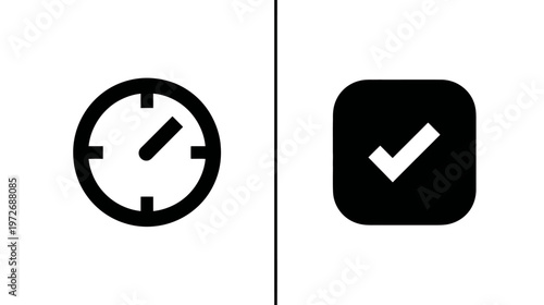 Minimalist black and white clock timer and checkmark square icons. Concepts of time management, task completion, schedule, and success.