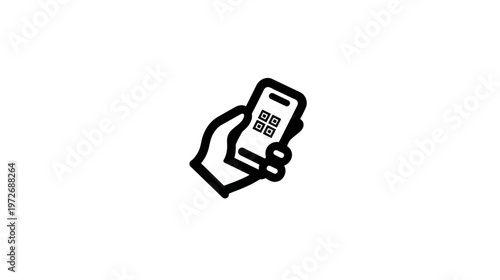 Hand holding smartphone scanning QR code icon. Mobile payment, digital transaction, contactless technology vector illustration.