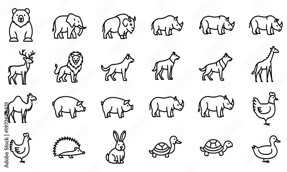 Obraz premium Black and white vector illustration of various wild and domestic animal designs