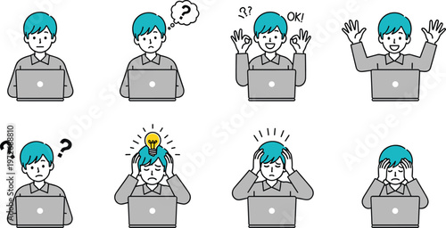 Business character emotions set with laptop showing confusion, idea, success, stress, and gestures expressive office worker situations vector illustration collection