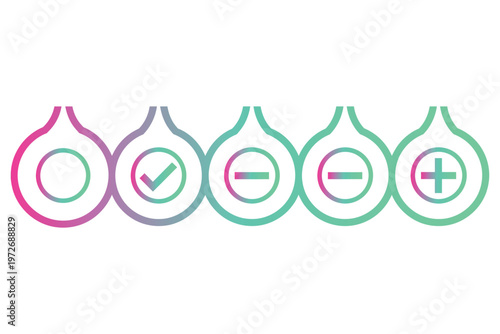 Five droplet shaped icons with varying symbols inside representing status or options in shades of teal and pink