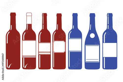 Assortment of wine bottles in various shades of red and blue displaying minimalist label designs