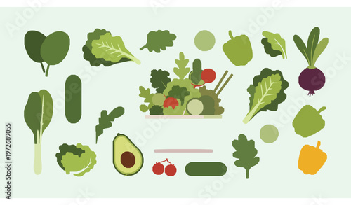 Green vegetables collection flat vector illustration for vegan healthy design