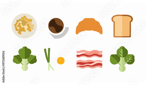 Modern flat vector breakfast food collection cereal coffee croissant egg