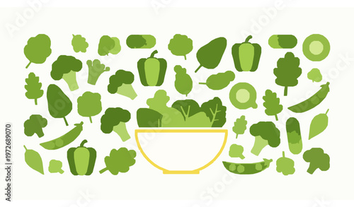 Abstract green vegetables and salad bowl flat vector background