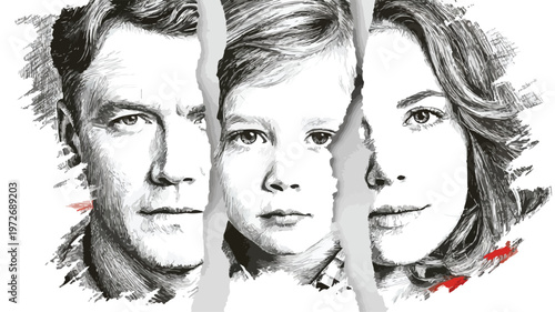 Emotional Torn Family Photo Depicting Divorce Impact on Parents and Child