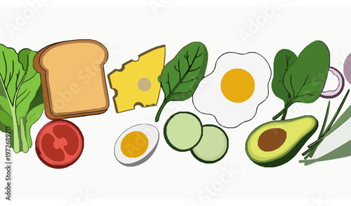Appetising sandwich breakfast doodle set wide cafe menu background