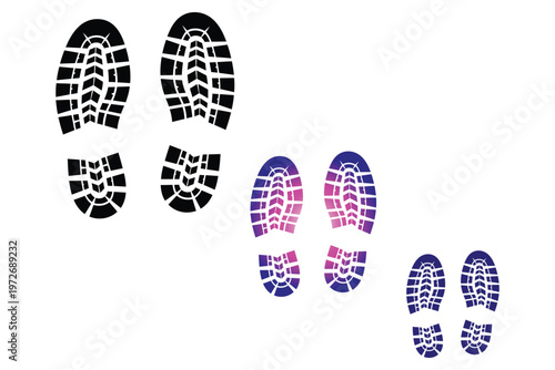 Title a collection of diverse shoe prints black blue and purple soles on a white background description this image showcases