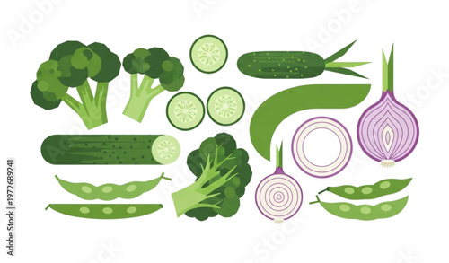 Modern green vegetables collection geometric flat vector illustration
