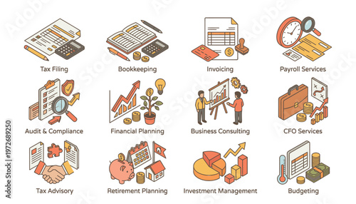 Financial and Business Services Isometric Icons for Accounting and Planning