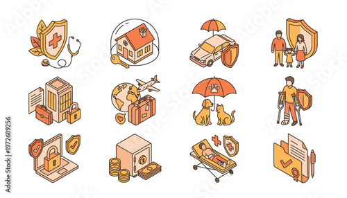 Insurance Icons Set Illustrating Various Types of Protection and Financial Security