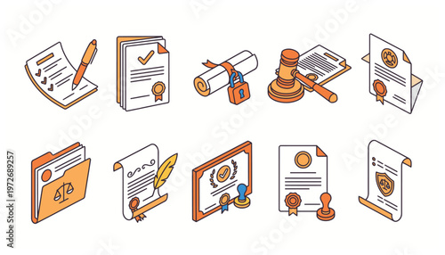 Document Icons Set with Legal Paperwork Certification and Justice Symbols Isometric