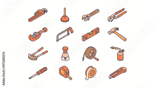 Tools Isometric Vector Illustration Set for Plumbing and Home Improvement Work