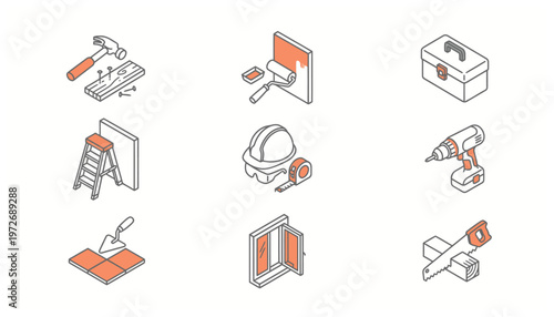 Construction Tools and Equipment Set for Various Building and Home Renovation Projects