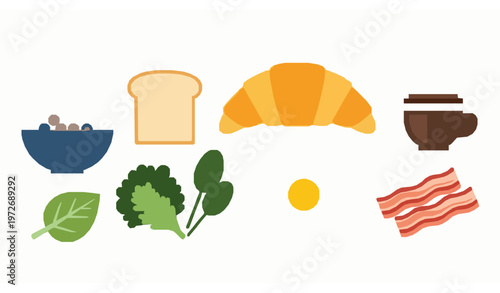 Abstract breakfast illustration modern flat vector cereal coffee croissant