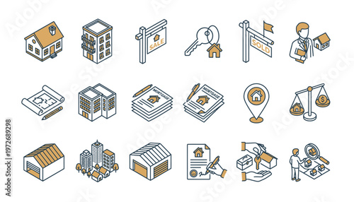 Real Estate and Property Related Line Icons with Houses Apartment Buildings and Mortgage Documents