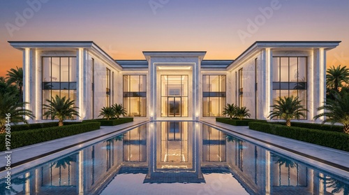 Modern luxury mansion with reflective pool and palm trees at sunset