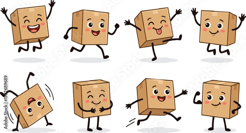 Happy Cardboard Box Mascot Characters for Shipping and Delivery